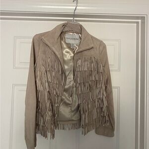 Boston Proper Tan Leather Suede Fringe Jacket Size 2